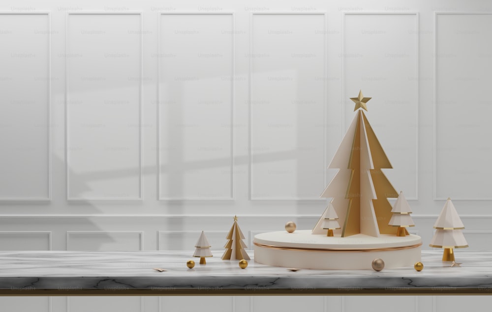 Gold edged marble table and white Christmas tree with christmas and New year gold border in white room background. Abstract studio for displaying products and advertisements. 3D render illustration