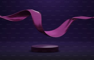 Purple silk floats above upper podium. dark purple abstract background exhibition area, studio or cosmetic and advertising stage. 3D render illustration