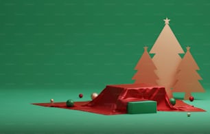 붉은 실크와 황금 공으로 덮인 정사각형 베이스와 크리스마스와 새해를 위한 나무가 있는 빨간 원은 전시장에 있는 제품의 추상적인 녹색 배경 광고입니다. 3D 렌더링 그림