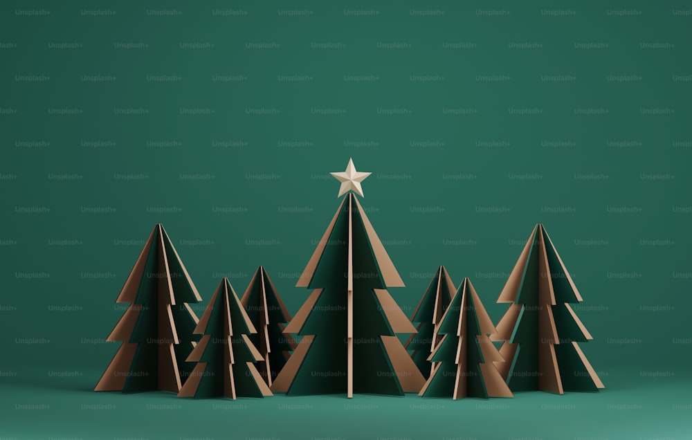 緑の抽象的背景にクリスマスツリー 展示と広告スペース。3Dレンダリングイラスト