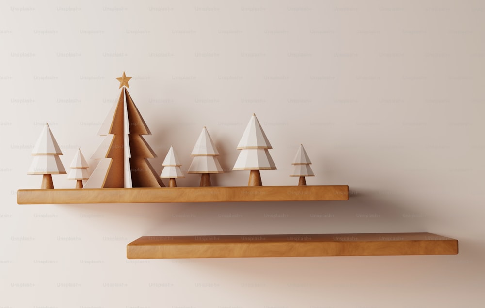 Christmas tree on a wooden shelf with natural light falling on Creamy white walls for Christmas and New Year parties. 3D render illustration