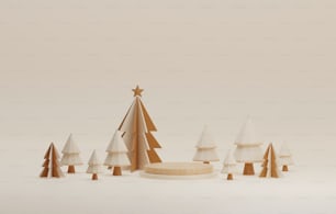 Círculo de madera del podio y árbol de Navidad para una hermosa Navidad y Año Nuevo sobre fondo blanco cremoso. Estudio abstracto para mostrar productos y anuncios. Ilustración de renderizado 3D