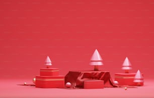 붉은 실크와 황금 공으로 덮인 정사각형 베이스와 크리스마스와 새해를 위한 나무가 있는 빨간 원은 전시장에 있는 제품의 추상적인 빨간색 배경 광고입니다. 3D 렌더링 그림