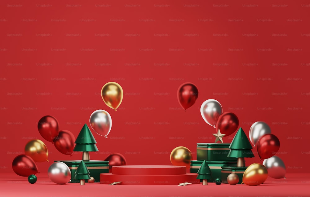 금색, 은색, 빨간색 풍선 선물 상자로 장식된 둥근 기본 연단은 크리스마스와 새해 추상적인 배경을 위한 나무가 있습니다. 전시장에서 제품 광고. 3D 렌더링 그림