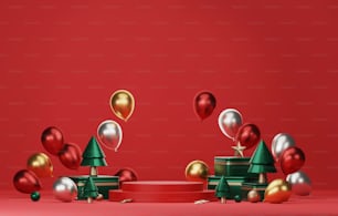 Podio a base rotonda decorato con scatole regalo in oro, argento e palloncino rosso con alberi per Natale e Capodanno sfondo astratto. Pubblicità di prodotti nell'area espositiva. Illustrazione di rendering 3D