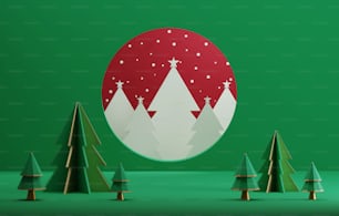 Christmas tree and snowflake for christmas and new year abstract green background. Exhibition area product presentation and advertisement. 3D render illustration