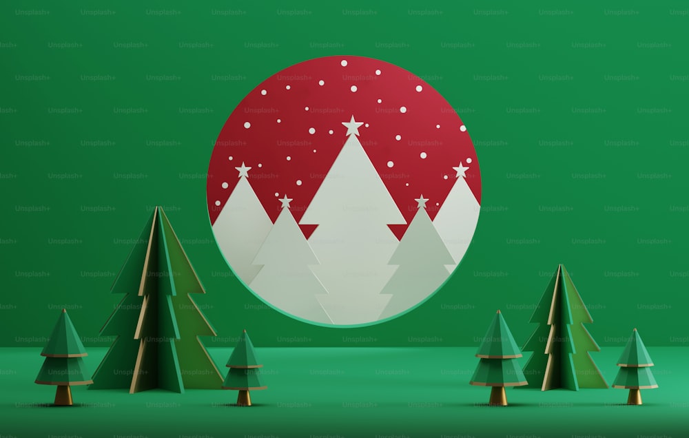 크리스마스와 새해를 위한 크리스마스 트리와 눈송이는 녹색 배경을 추상적으로 만든다. 전시 구역 제품 발표 및 광고. 3D 렌더링 그림