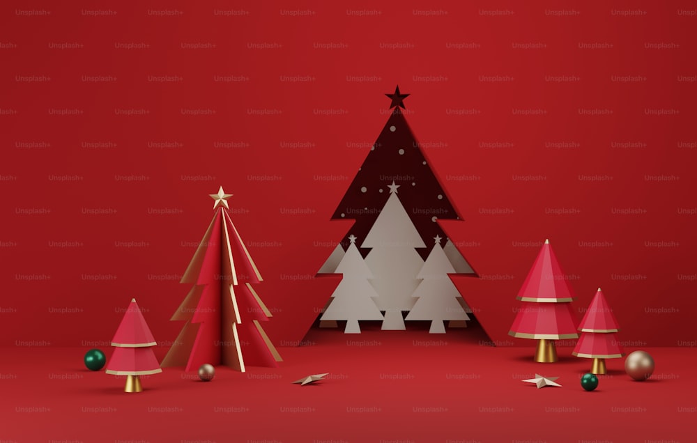 Árbol de Navidad con bola dorada y verde para navidad y año nuevo fondo rojo abstracto. Área de exposición de presentación de productos y publicidad. Ilustración de renderizado 3D