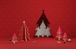 Christmas tree with ball gold and green for christmas and new year abstract red background. Exhibition area product presentation and advertisement. 3D render illustration