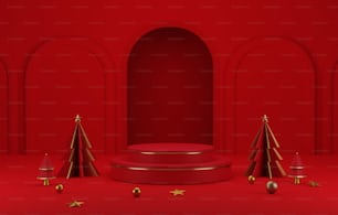 Gold edged podium and red christmas tree with gold edge elegant christmas and new year on red background. Abstract studio for displaying products and advertisements. 3D render illustration