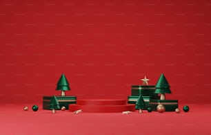 Pódio de base redonda, ouro da bola e caixa de presente do círculo verde com árvore para o Natal e o fundo vermelho abstrato do ano novo. Área de exposição apresentação e propaganda de produtos. Ilustração de renderização 3D