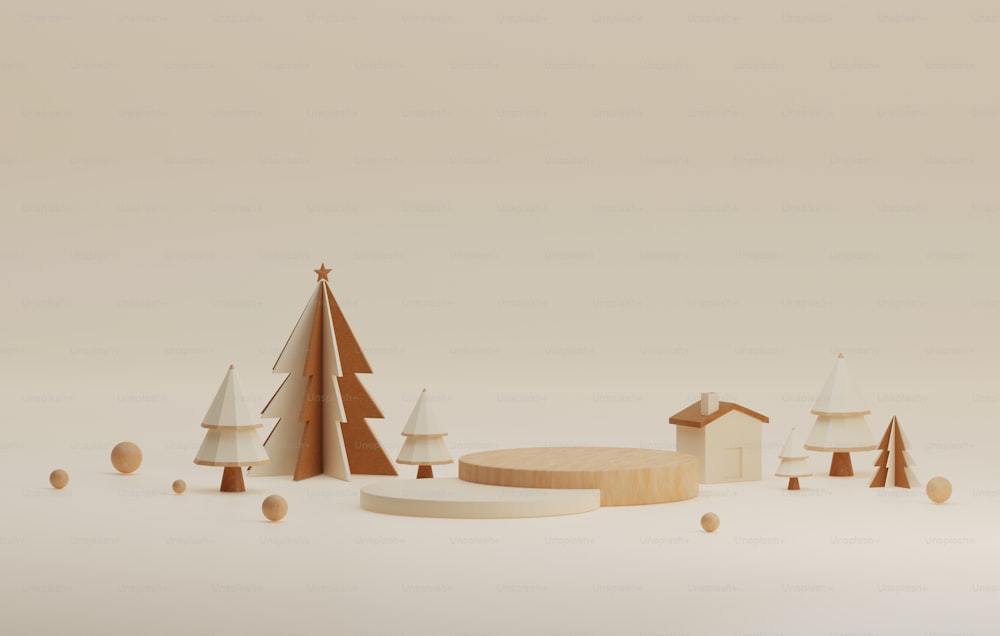 Spielzeugholz Weihnachtsbaum mit Haus zum Dekorieren von Weihnachten und Neujahr auf cremeweißem Hintergrund. Abstraktes Studio für die Anzeige von Produkten und Anzeigen. 3D-Render-Illustration