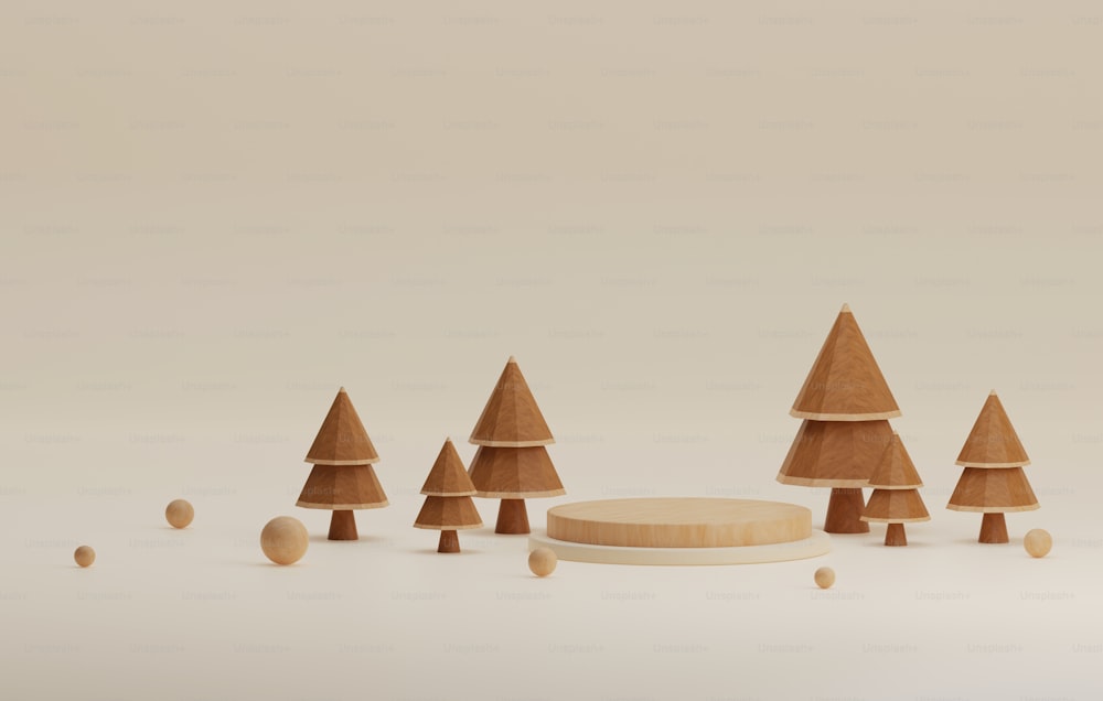Cerchio podio legno e albero di Natale per bellissimi Natale e Capodanno su sfondo bianco crema. Studio astratto per la visualizzazione di prodotti e pubblicità. Illustrazione di rendering 3D