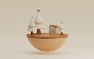 Halbkreisförmiges Podiumsholz und Weihnachtsbaum für schöne Weihnachten und Silvester auf cremeweißem Hintergrund. Abstraktes Studio für die Anzeige von Produkten und Anzeigen. 3D-Render-Illustration