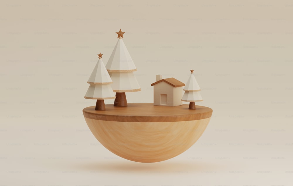 Halbkreisförmiges Podiumsholz und Weihnachtsbaum für schöne Weihnachten und Silvester auf cremeweißem Hintergrund. Abstraktes Studio für die Anzeige von Produkten und Anzeigen. 3D-Render-Illustration