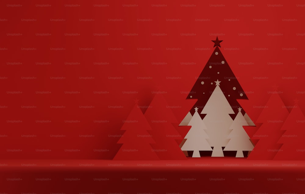 Porta dell'albero di Natale e fiocco di neve sulla parete di fondo astratta rossa Presentazione del prodotto e pubblicità dell'area espositiva. Illustrazione di rendering 3D