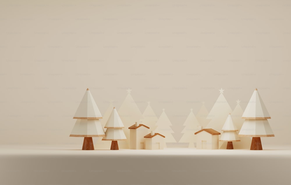 크림색의 흰색 배경에 크리스마스와 새해를 장식하기 위한 집이 있는 장난감 나무 크리스마스 트리. 제품 및 광고를 표시하기 위한 추상 스튜디오입니다. 3D 렌더링 그림