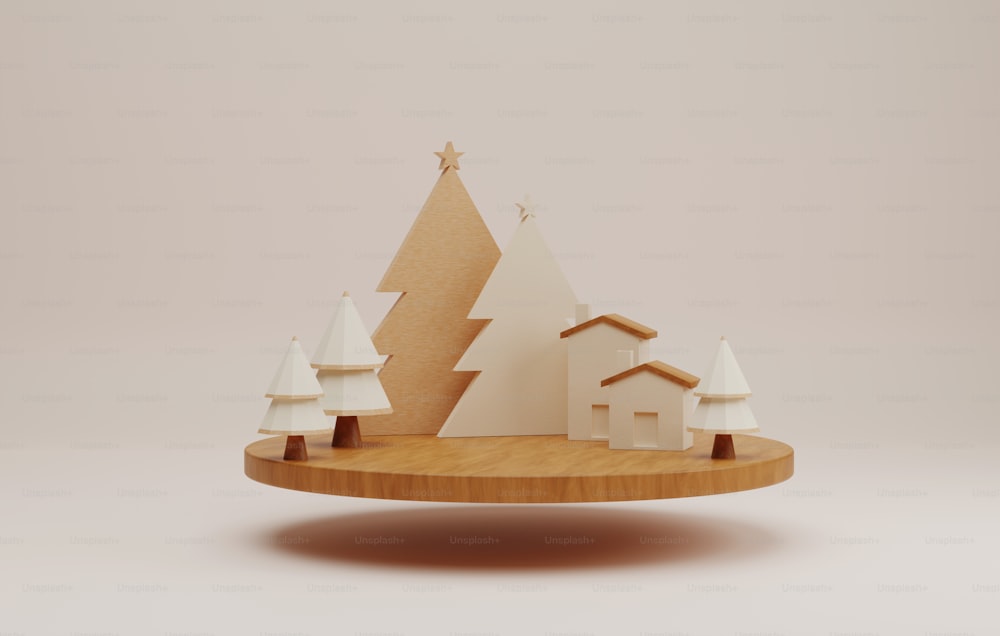 Circle podium wood and Christmas tree for beautiful Christmas and New Year on creamy white background. Abstract studio for displaying products and advertisements. 3D render illustration
