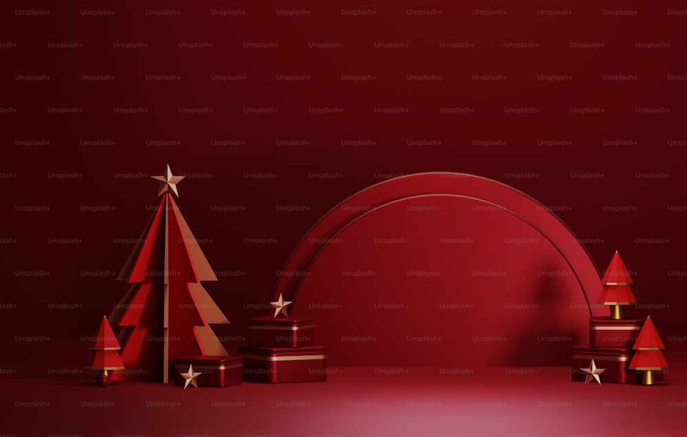 Rundes Sockelpodium, Kugel Gold und roter Kreis Geschenkbox mit Baum für Weihnachten und Neujahr abstrakten Hintergrund. Ausstellungsbereich Produktpräsentation und Werbung. 3D-Render-Illustration