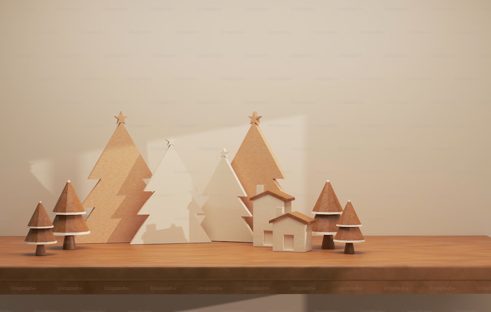 Natural wood table top with Christmas tree and natural light on creamy white wall for Christmas and New Year parties. 3D render illustration