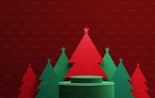 赤の背景に金色の縁取りの緑の表彰台と赤と緑のクリスマスツリー、金色の縁の優雅なクリスマスと新年。製品や広告を表示するための抽象的なスタジオ。3Dレンダリングイラスト