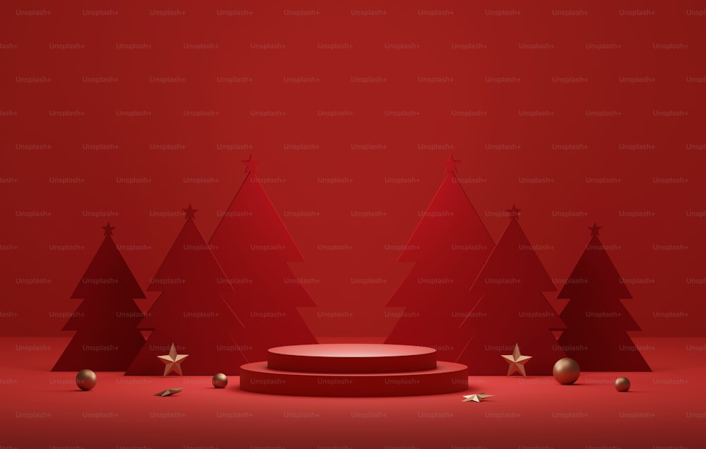Podio con bordes dorados y árbol de Navidad rojo con borde dorado elegante Navidad y Año Nuevo sobre fondo rojo. Estudio abstracto para mostrar productos y anuncios. Ilustración de renderizado 3D
