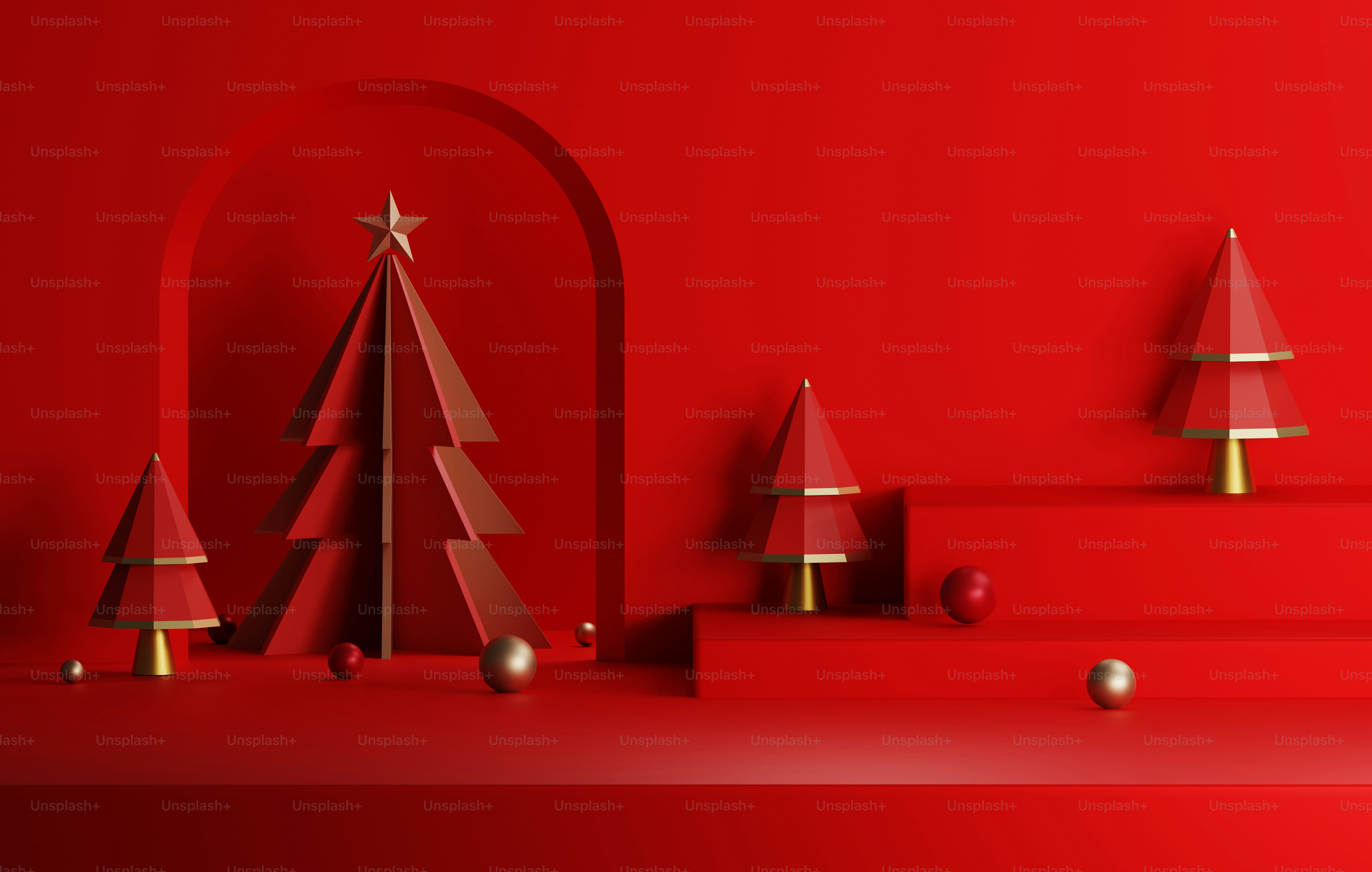 赤い背景に金色の縁取りの表彰台と赤いクリスマスツリー、金色の縁の優雅なクリスマスと新年。製品や広告を表示するための抽象的なスタジオ。3Dレンダリングイラスト