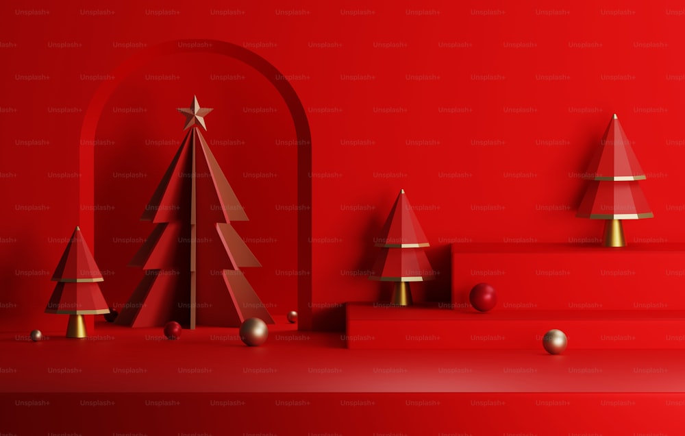 금색 가장자리가 있는 연단과 빨간 크리스마스 트리는 빨간색 배경에 금색 가장자리의 우아한 크리스마스와 새해를 가지고 있습니다. 제품 및 광고를 표시하기 위한 추상 스튜디오입니다. 3D 렌더링 그림