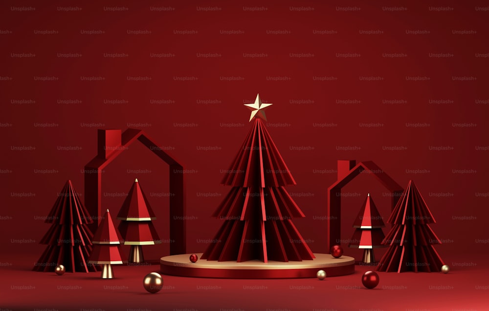 Podio bordato dorato e albero di Natale rosso con bordo dorato Elegante Natale e Capodanno su sfondo rosso. Studio astratto per la visualizzazione di prodotti e pubblicità. Illustrazione di rendering 3D