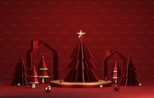 Gold edged podium and red christmas tree with gold edge elegant christmas and new year on red background. Abstract studio for displaying products and advertisements. 3D render illustration