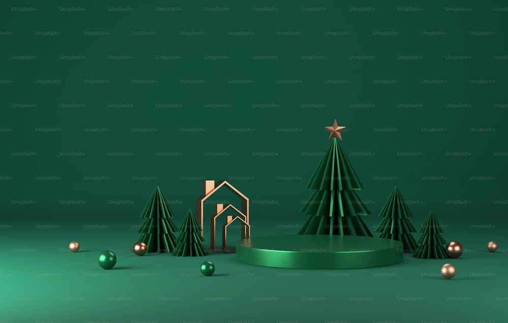 Pódio com bordas douradas e árvore de Natal verde com borda dourada Natal elegante e ano novo no fundo verde. Estúdio abstrato para exibição de produtos e anúncios. Ilustração de renderização 3D