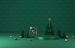 금색 가장자리가 있는 연단과 녹색 크리스마스 트리는 녹색 배경에 금색 가장자리의 우아한 크리스마스와 새해를 가지고 있습니다. 제품 및 광고를 표시하기 위한 추상 스튜디오입니다. 3D 렌더링 그림