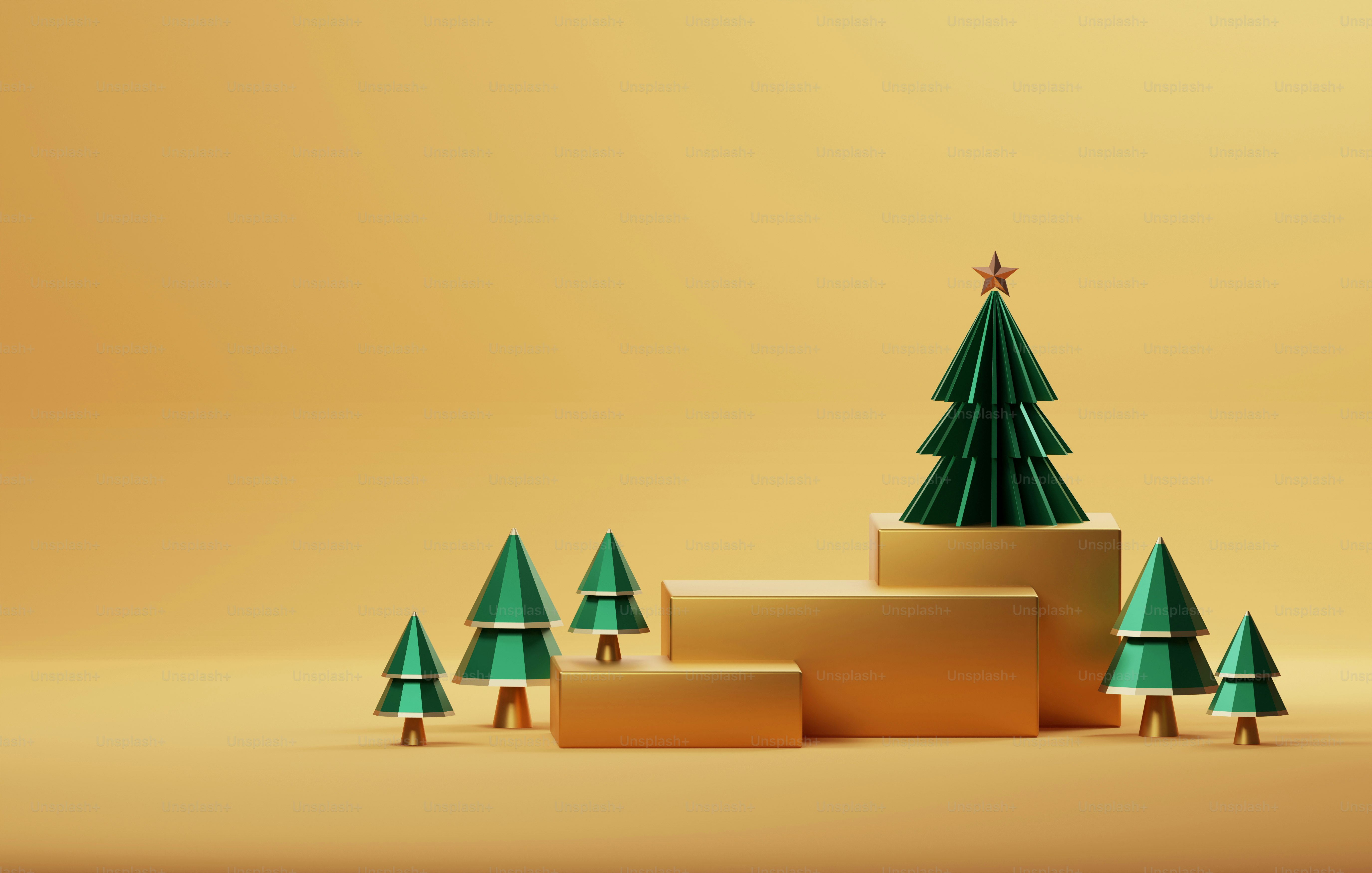 Goldumrandetes Podium und goldgelber Weihnachtsbaum mit elegantem Weihnachts- und Neujahrskranz auf goldgelbem Hintergrund. Abstraktes Studio für die Anzeige von Produkten und Anzeigen. 3D-Render-Illustration