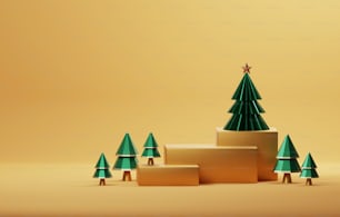 황금빛 가장자리 연단과 황금빛 노란색 크리스마스 트리는 황금빛 노란색 배경에 우아한 크리스마스와 새해를 장식합니다. 제품 및 광고를 표시하기 위한 추상 스튜디오입니다. 3D 렌더링 그림