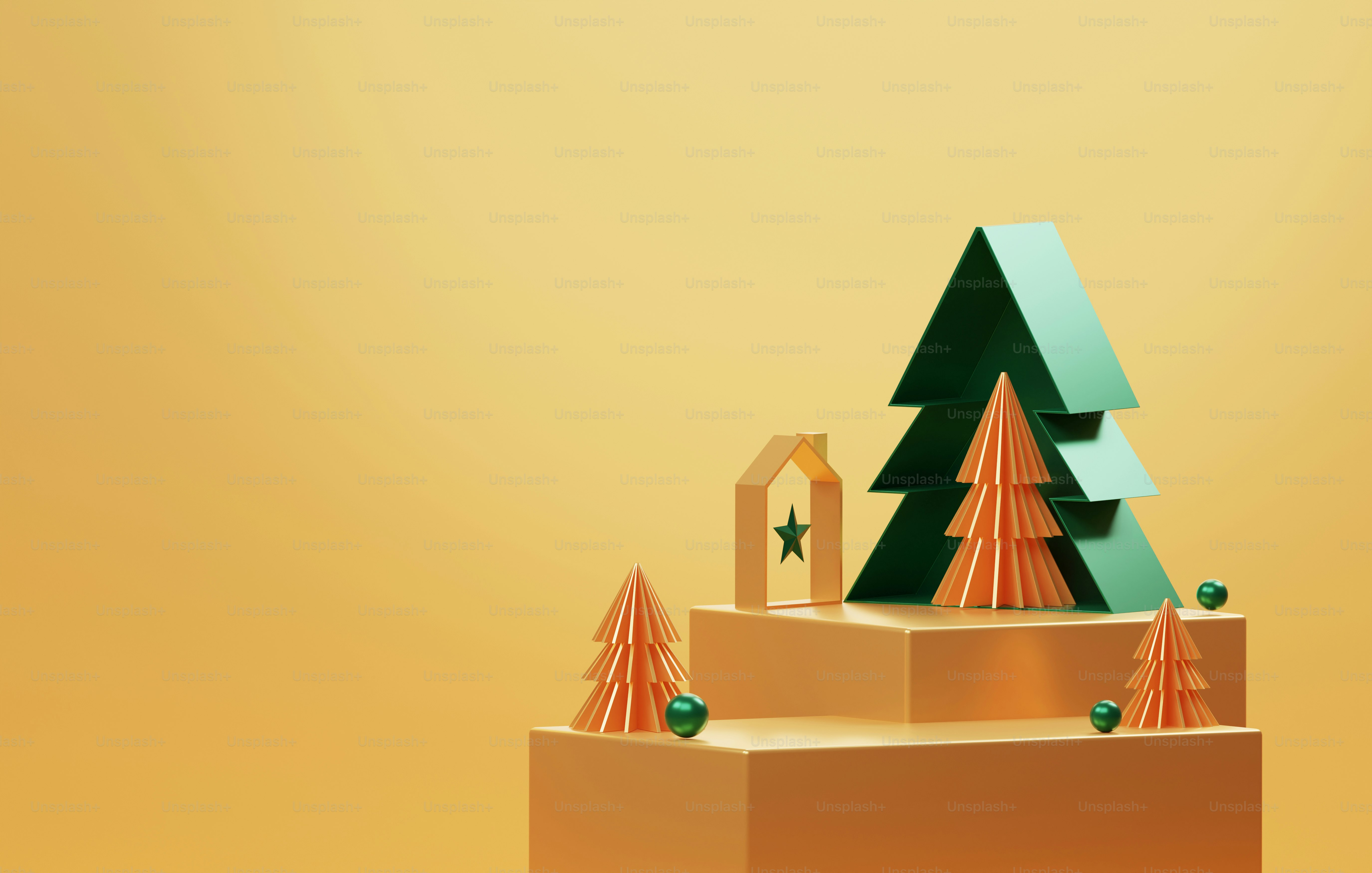 Goldumrandetes Podium und goldgelber Weihnachtsbaum mit elegantem Weihnachts- und Neujahrskranz auf goldgelbem Hintergrund. Abstraktes Studio für die Anzeige von Produkten und Anzeigen. 3D-Render-Illustration