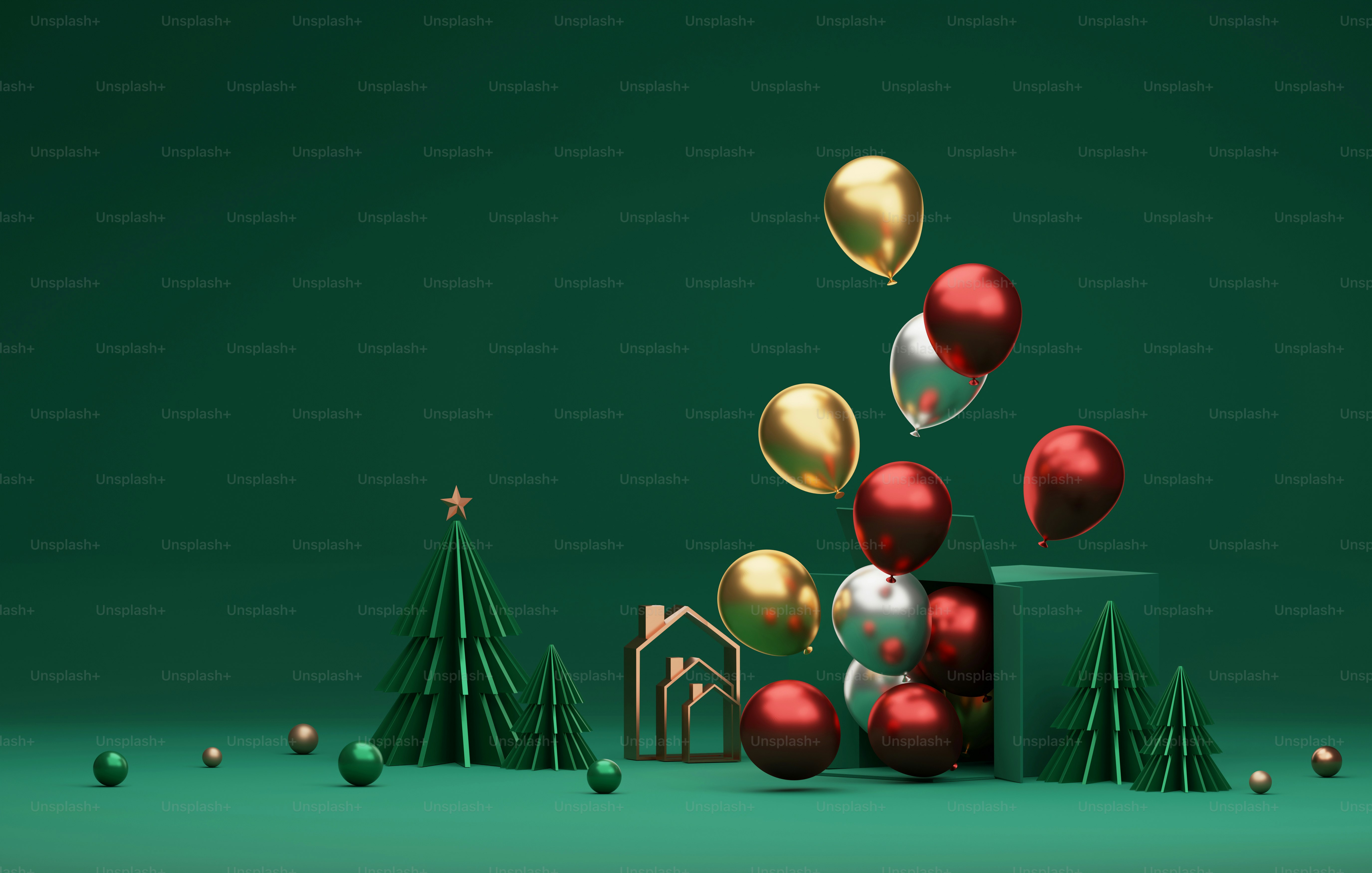Rot-Gold-Silber-Luftballons schweben aus der Box auf dunkelgrünem Hintergrund. Frohes neues Jahr und frohe Weihnachten, abstraktes Studio für die Präsentation von Produkten und Werbung. 3D-Render-Illusion