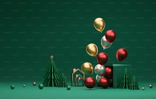 Palloncini d'argento oro rosso galleggiano fuori dalla scatola su sfondo verde scuro. Buon anno e buon natale, studio astratto per l'esposizione di prodotti e pubblicità. Illustrazione del rendering 3D