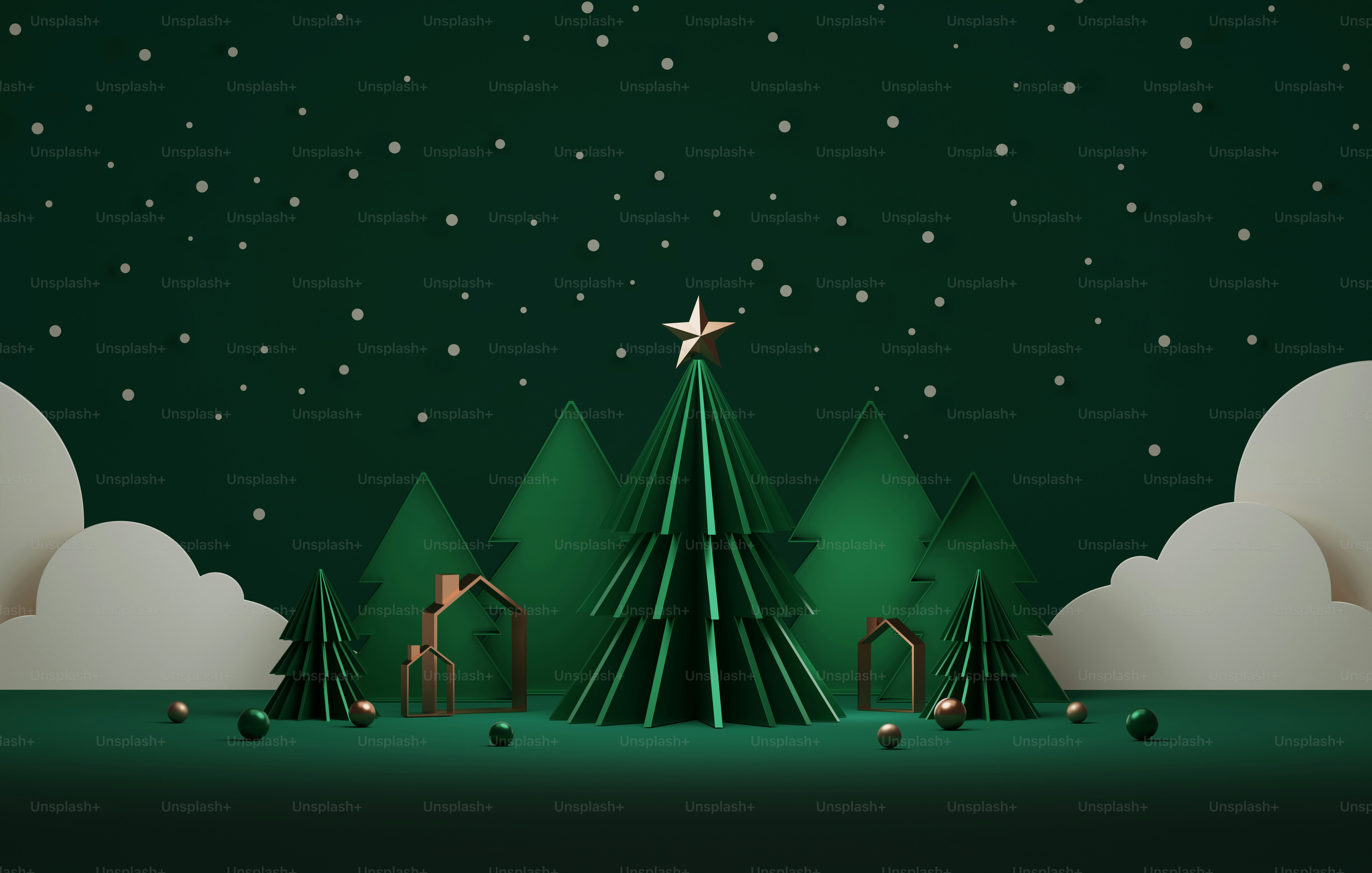 크리스마스와 새해를 위한 크리스마스 트리와 눈송이는 녹색 배경을 추상적으로 만든다. 제품 프리젠 테이션 및 광고를 표시하는 전시 영역. 3D 렌더링 그림