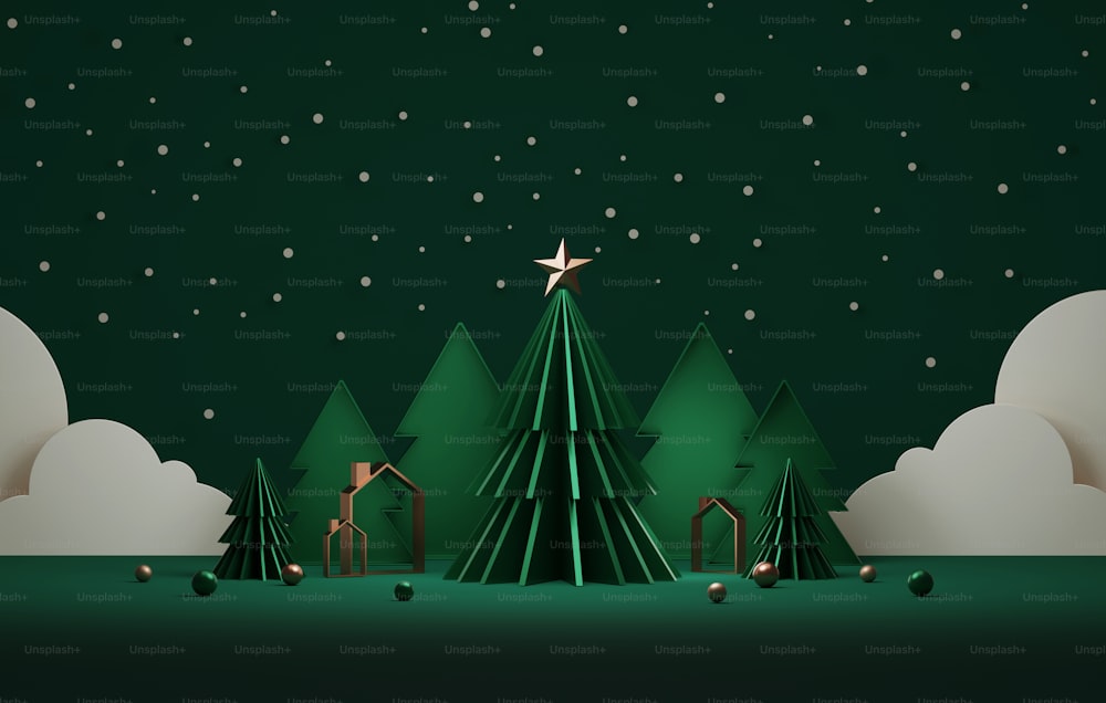 크리스마스와 새해를 위한 크리스마스 트리와 눈송이는 녹색 배경을 추상적으로 만든다. 제품 프리젠 테이션 및 광고를 표시하는 전시 영역. 3D 렌더링 그림
