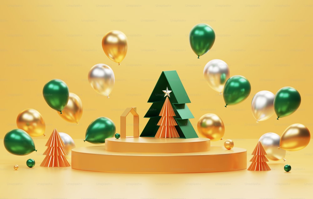 Rot-Gold-Silber-Luftballons schweben aus der Box auf dunkelgelbem Hintergrund. Frohes neues Jahr und frohe Weihnachten, abstraktes Studio für die Präsentation von Produkten und Werbung. 3D-Render-Illusion