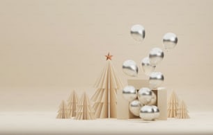 Des ballons argentés flottent hors de la boîte sur fond blanc. Bonne année et joyeux Noël, studio abstrait pour l’affichage de produits et de publicités. Rendu 3D illustartion
