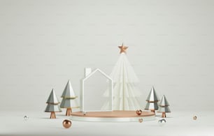 Gold edged podium and golden christmas tree with edge elegant christmas and new year on golden white background. Abstract studio for displaying products and advertisements. 3D render illustration