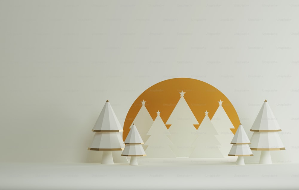 Albero di Natale e fiocco di neve per Natale e Capodanno astratto sfondo bianco. Presentazione e pubblicità del prodotto dell'area espositiva. Illustrazione di rendering 3D