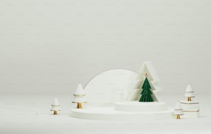 Podio albero di Natale con elegante Natale e Capodanno su sfondo bianco. Studio astratto per la visualizzazione di prodotti e pubblicità. Illustrazione di rendering 3D
