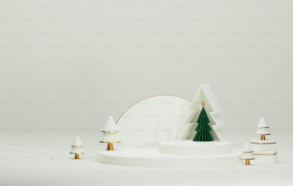 하얀 배경에 우아한 크리스마스와 새해가 있는 연단 크리스마스 트리. 제품 및 광고를 표시하기 위한 추상 스튜디오입니다. 3D 렌더링 그림