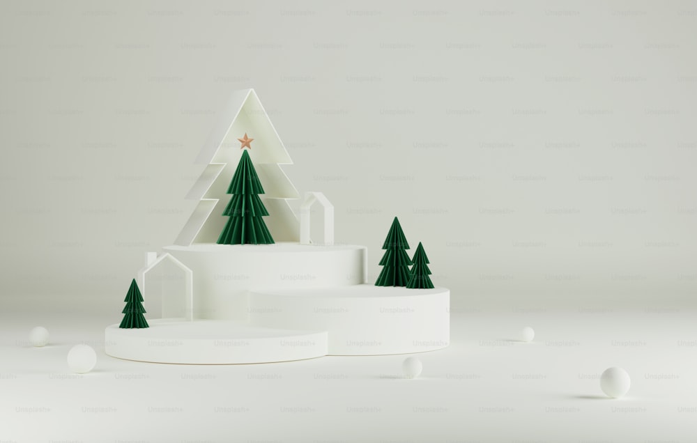 Árvore de Natal do pódio com Natal elegante e ano novo no fundo branco. Estúdio abstrato para exibição de produtos e anúncios. Ilustração de renderização 3D