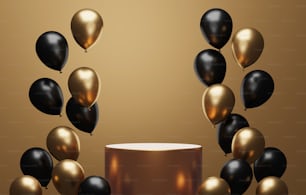 Round gold podium decorated with gold and black balloons on an abstract gold background exhibition area, studio or cosmetic and advertising stage. 3D render illustration