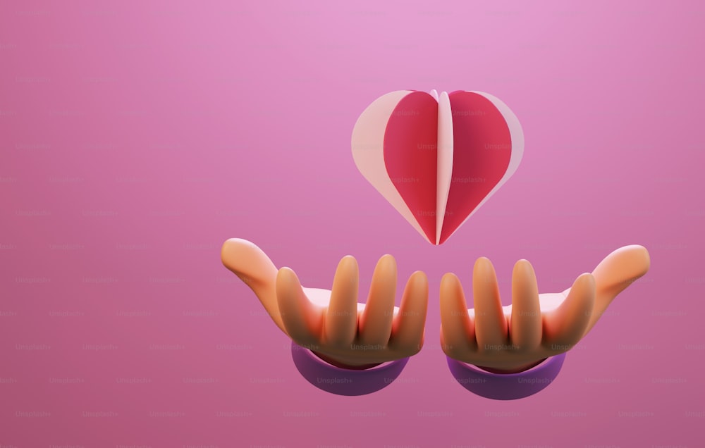Mano sosteniendo el corazón sobre fondo rosa. Dar amor o enviarse mensajes de amor el uno al otro. Ilustración de renderizado 3D.