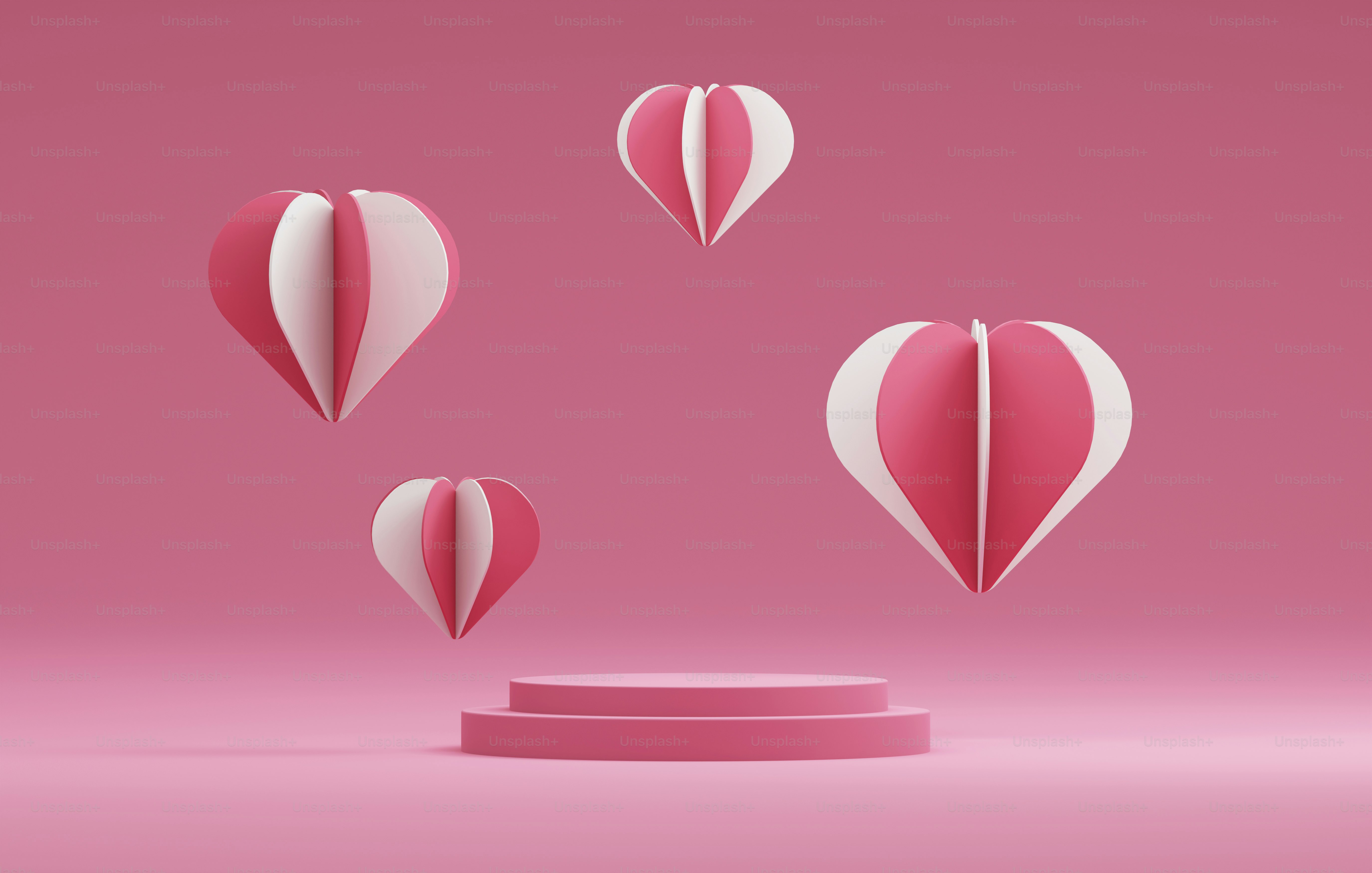 Berbentuk hati mengambang di atas podium latar belakang merah muda untuk presentasi produk valentine studio abstrak untuk menampilkan produk dan iklan. Ilustarti render 3D