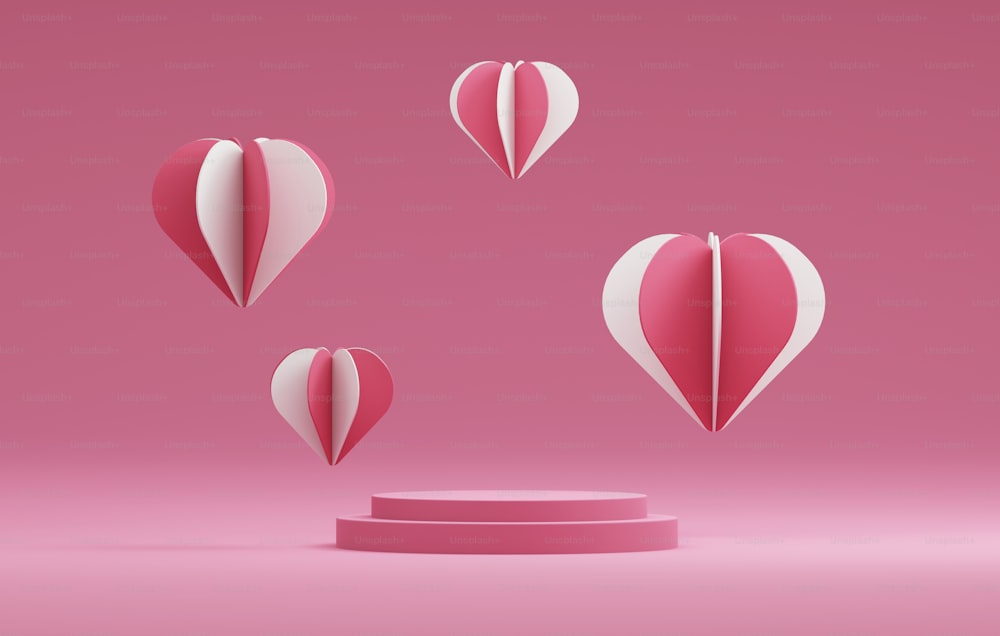 Coração em forma flutuante no pódio de fundo rosa para o estúdio abstrato de apresentação do produto dos namorados para exibir produtos e anúncios. Ilusartação de renderização 3D